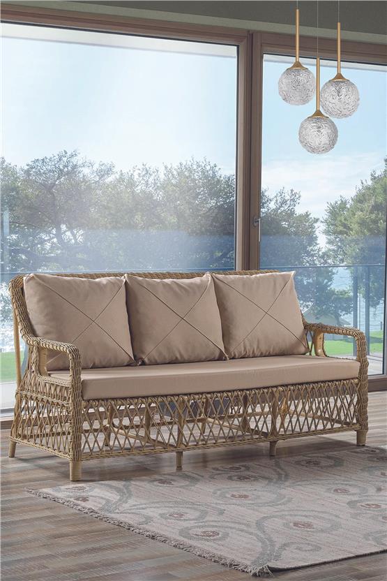 Evdemo Edra Rattan Puflu Bahçe Balkon Takımı 3+1+1+Camlı Masa Cappuccino