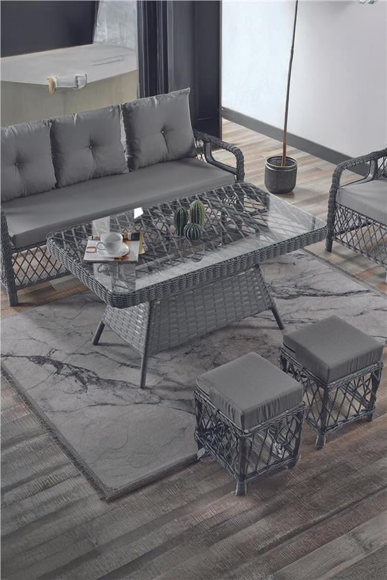 Evdemo Edra Rattan Puflu Bahçe Balkon Takımı 3+1+1+Camlı Masa Gri