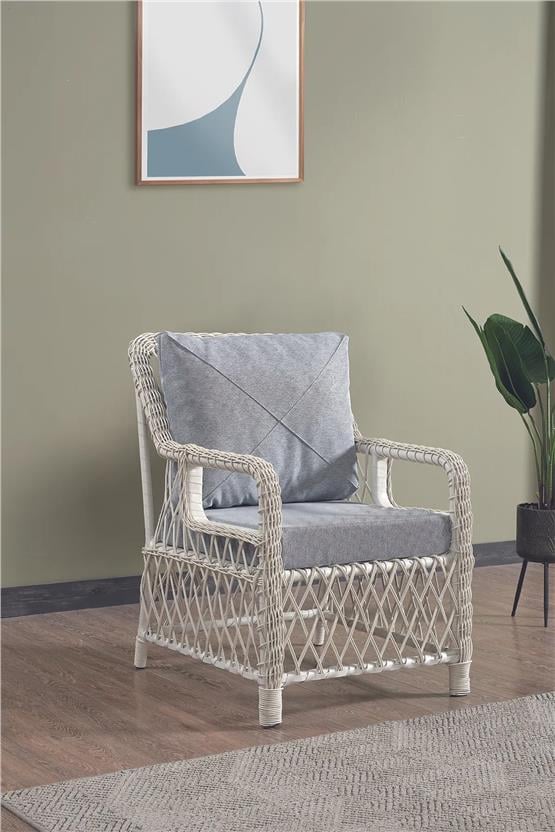 Evdemo Edra Rattan Puflu Bahçe Balkon Takımı 3+1+1+Camı Masa Kemik Rengi