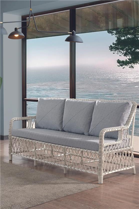 Evdemo Edra Rattan Puflu Bahçe Balkon Takımı 3+1+1+Camı Masa Kemik Rengi