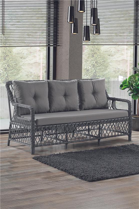 Evdemo Edra Rattan Puflu Bahçe Balkon Takımı 3+1+1+Camlı Masa Gri