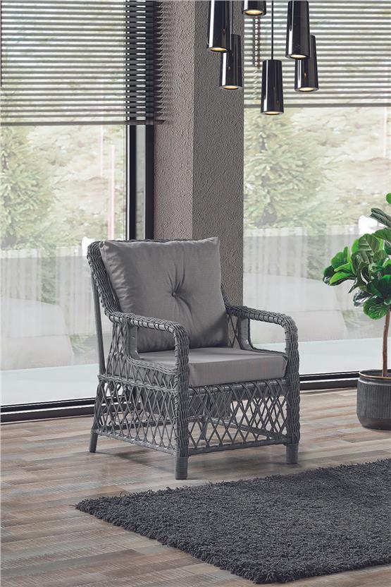 Evdemo Edra Rattan Puflu Bahçe Balkon Takımı 3+1+1+Camlı Masa Gri