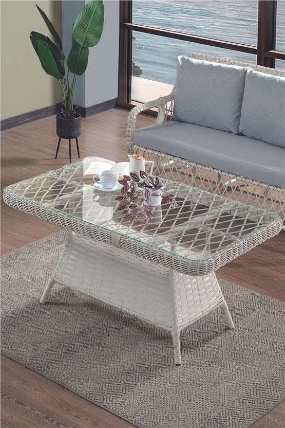 Evdemo Edra Rattan Puflu Bahçe Balkon Takımı 3+1+1+Camı Masa Kemik Rengi