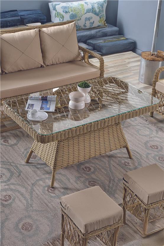 Evdemo Edra Rattan Puflu Bahçe Balkon Takımı 3+1+1+Camlı Masa Cappuccino