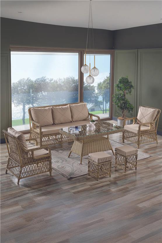 Evdemo Edra Rattan Puflu Bahçe Balkon Takımı 3+1+1+Camlı Masa Cappuccino