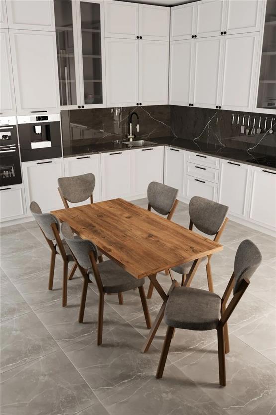 Evdemo Elma 6 Kişilik Mutfak Yemek Masa Takımı Kahve