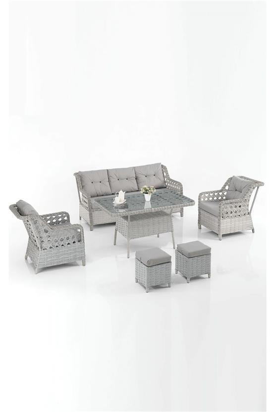 Evdemo Eren Rattan Puflu Bahçe Balkon Takımı 3+1+1 Gri