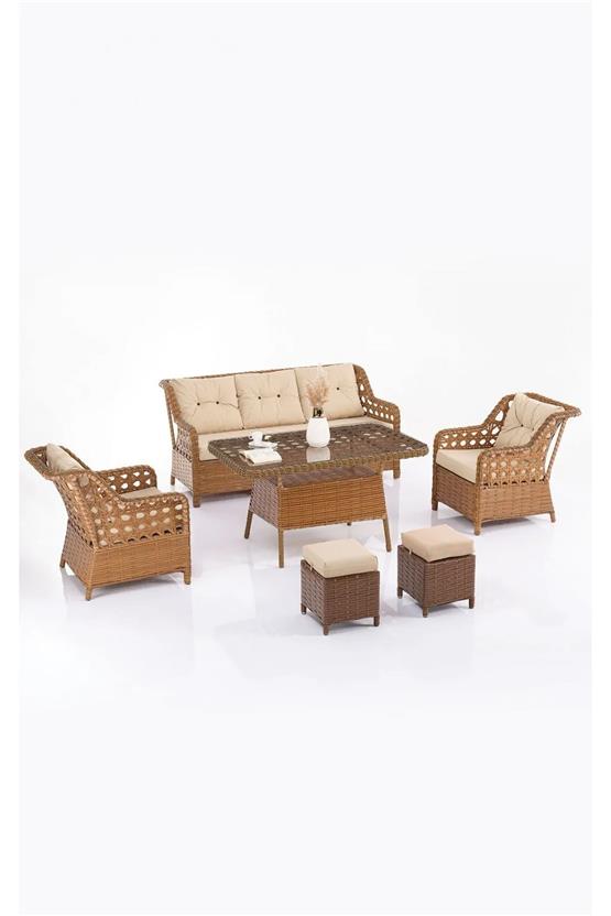 Evdemo Eren Rattan Puflu Bahçe Balkon Takımı 3+1+1 Kahve