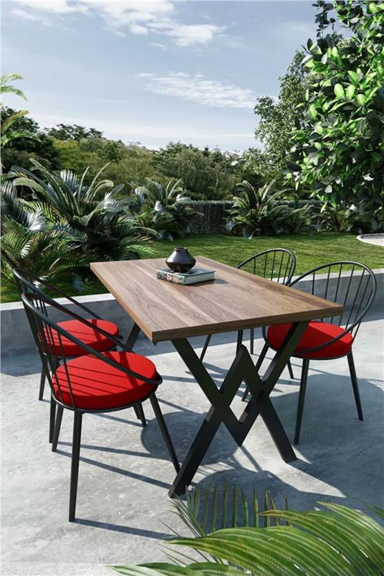 Evdemo Eylül 4 Kişilik Balkon Bahçe Masa Takımı Ceviz - Siyah