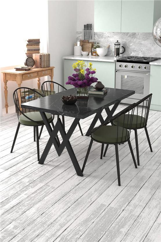 Evdemo Eylül 4 Kişilik Mutfak Masası Takımı Siyah Mermer Desen Haki