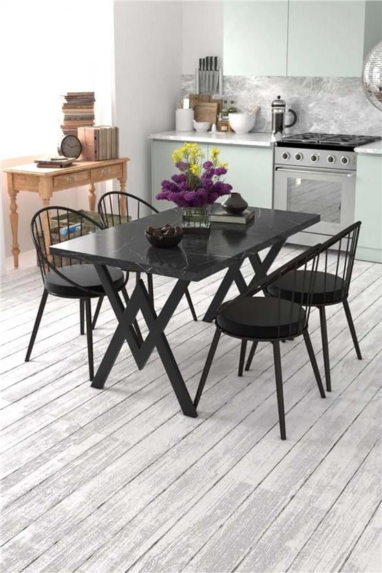 Evdemo Eylül 4 Kişilik Mutfak Masası Takımı Siyah Mermer Desen Si