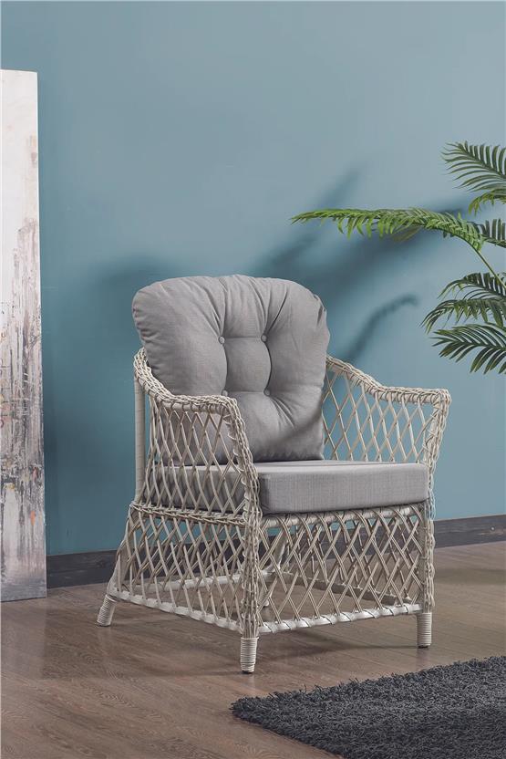 Evdemo Icon Rattan Bahçe Balkon Oturma Takımı 2+1+1+Camlı Masa Kemik Rengi