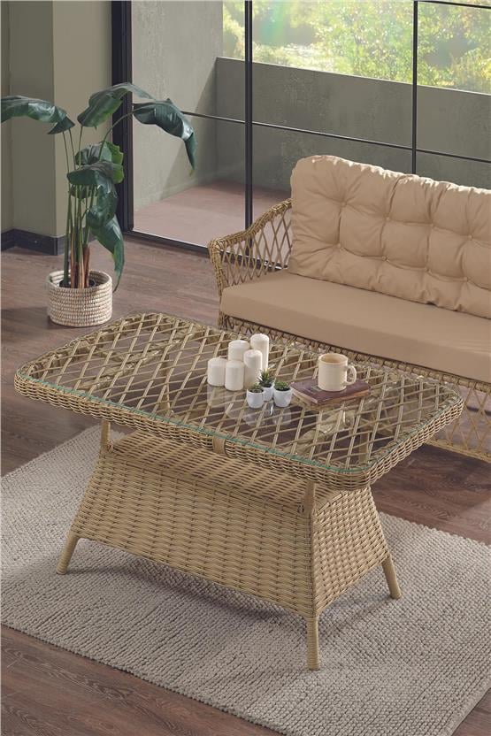 Evdemo Icon Rattan Bahçe Balkon Oturma Takımı 2+1+1+Camlı Masa Cappuccino