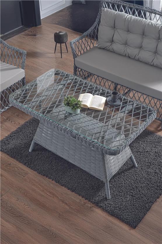 Evdemo Icon Rattan Bahçe Balkon Oturma Takımı 2+1+1+Camlı Masa Gri