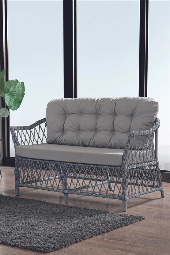 Evdemo Icon Rattan Bahçe Balkon Oturma Takımı 2+1+1+Camlı Masa Gri