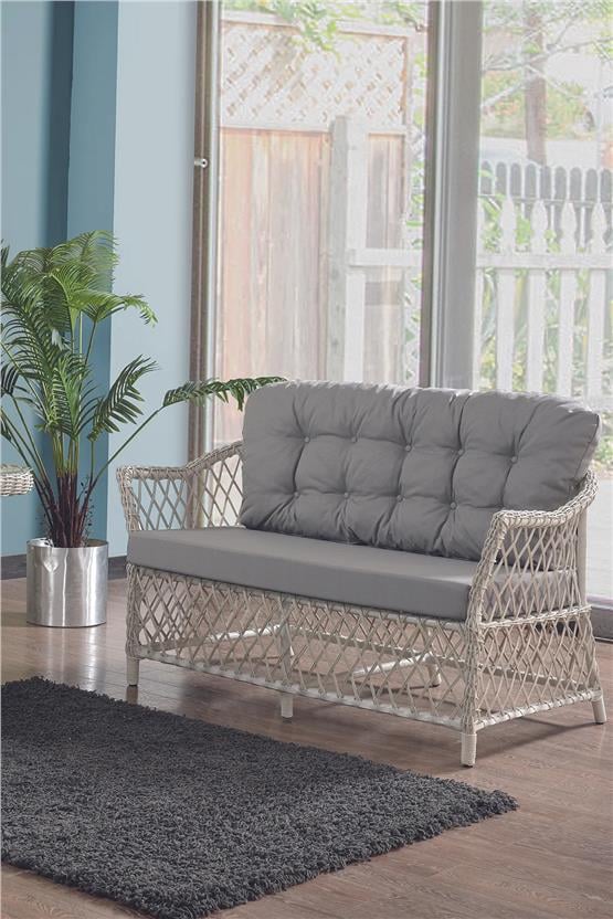 Evdemo Icon Rattan Bahçe Balkon Oturma Takımı 2+1+1+Camlı Masa Kemik Rengi