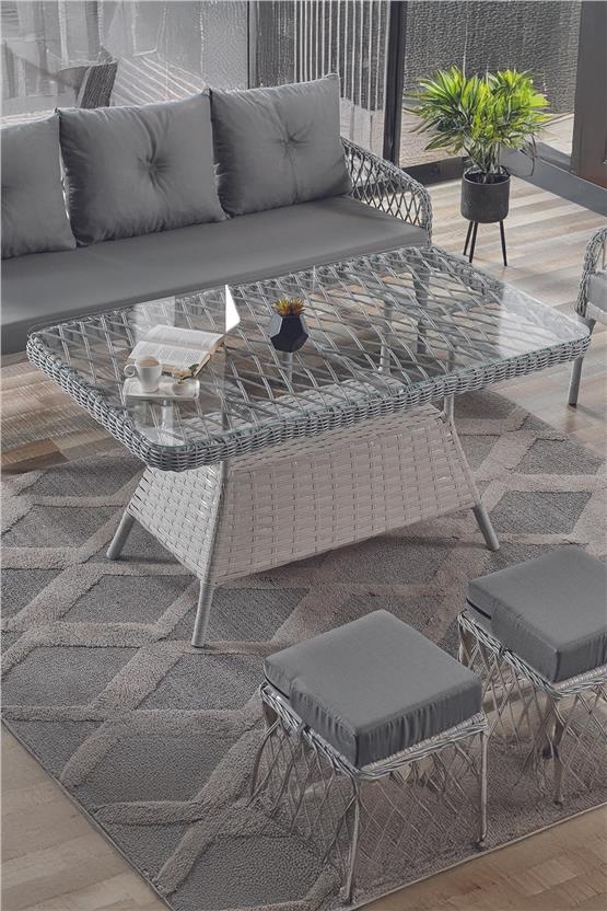 Evdemo Joy Rattan Puflu Bahçe Balkon Takımı 3+1+1+ Camlı Masa Kemik Rengi