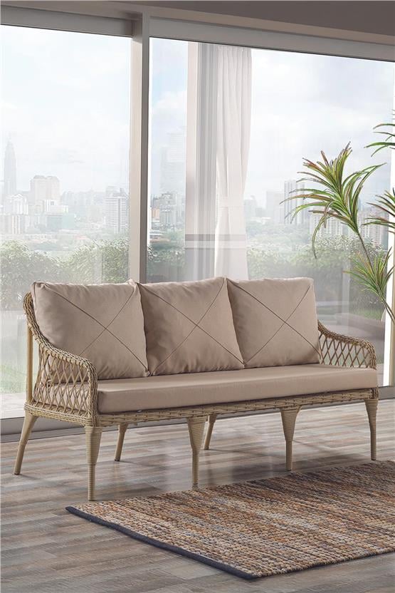 Evdemo Joy Rattan Puflu Bahçe Balkon Takımı 3+1+1+Camlı Masa Cappuccino