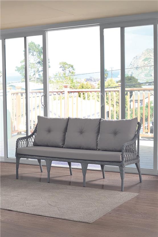 Evdemo Joy Rattan Puflu Bahçe Balkon Takımı 3+1+1+ Camlı Masa Gri