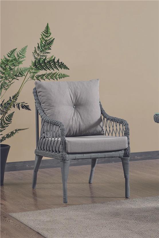 Evdemo Joy Rattan Puflu Bahçe Balkon Takımı 3+1+1+ Camlı Masa Gri