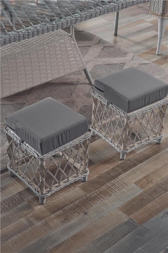 Evdemo Joy Rattan Puflu Bahçe Balkon Takımı 3+1+1+ Camlı Masa Kemik Rengi