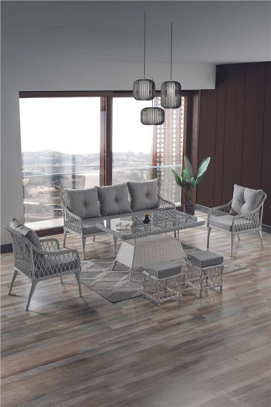 Evdemo Joy Rattan Puflu Bahçe Balkon Takımı 3+1+1+ Camlı Masa Kemik Rengi