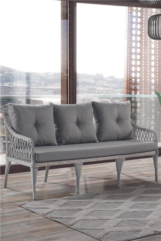 Evdemo Joy Rattan Puflu Bahçe Balkon Takımı 3+1+1+ Camlı Masa Kemik Rengi