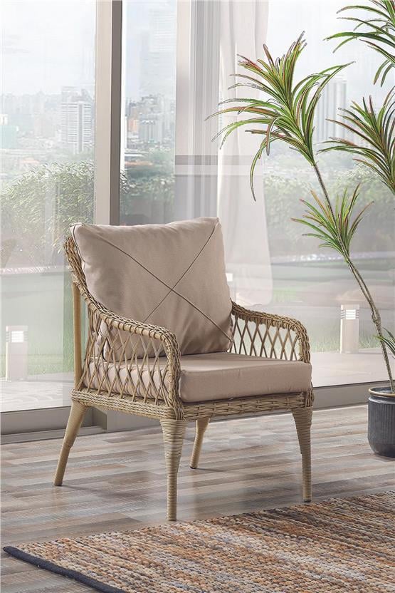 Evdemo Joy Rattan Puflu Bahçe Balkon Takımı 3+1+1+Camlı Masa Cappuccino