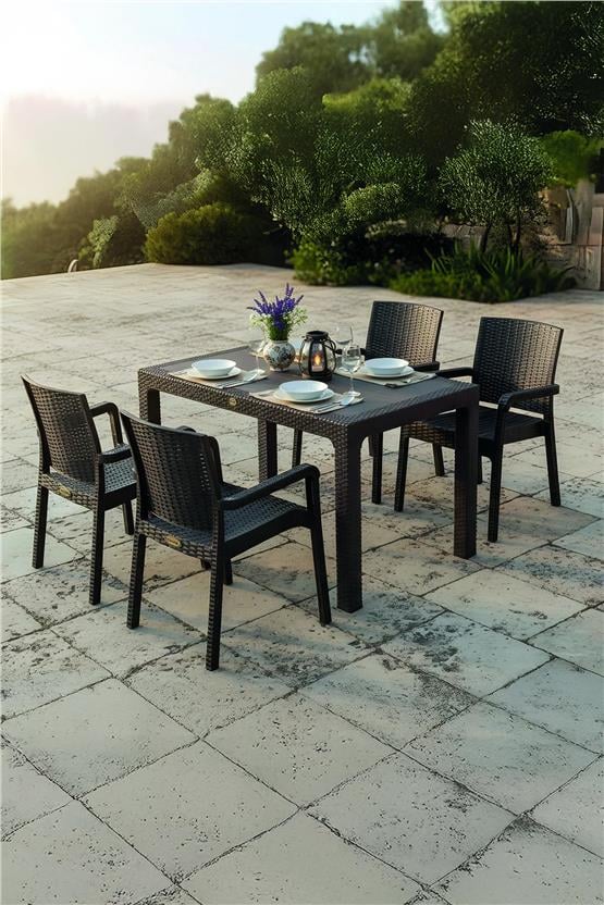 Evdemo King 4 Kişilik Rattan Masa Sandalye Takımı Siyah