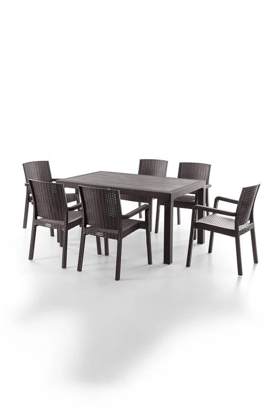 Evdemo King 6 Kişilik Rattan Masa Sandalye Takımı Kahve