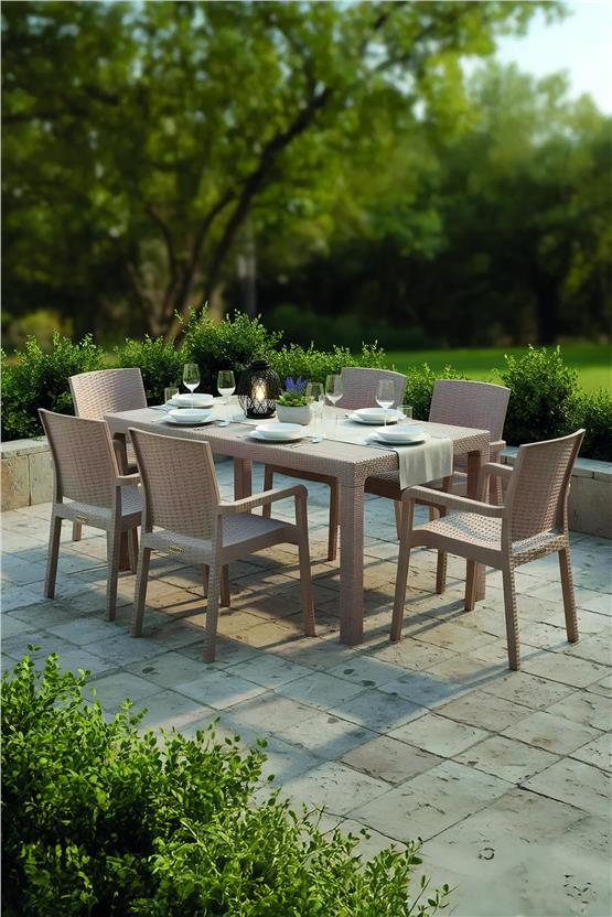 Evdemo King 6 Kişilik Rattan Masa Sandalye Takımı Cappuccino