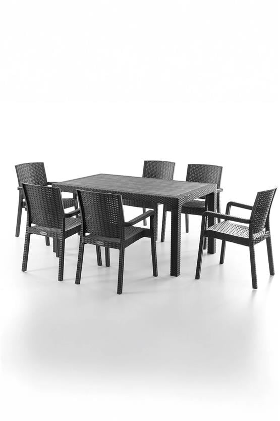 Evdemo King 6 Kişilik Rattan Masa Sandalye Takımı Siyah