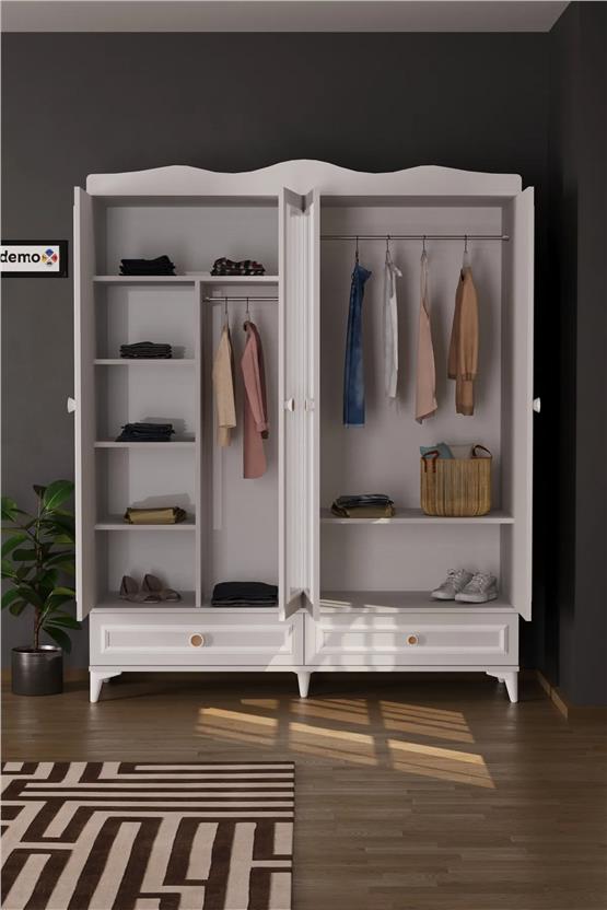 Evdemo Nova 4 Kapaklı 2 Çekmeceli Aynalı Gardırop Beyaz