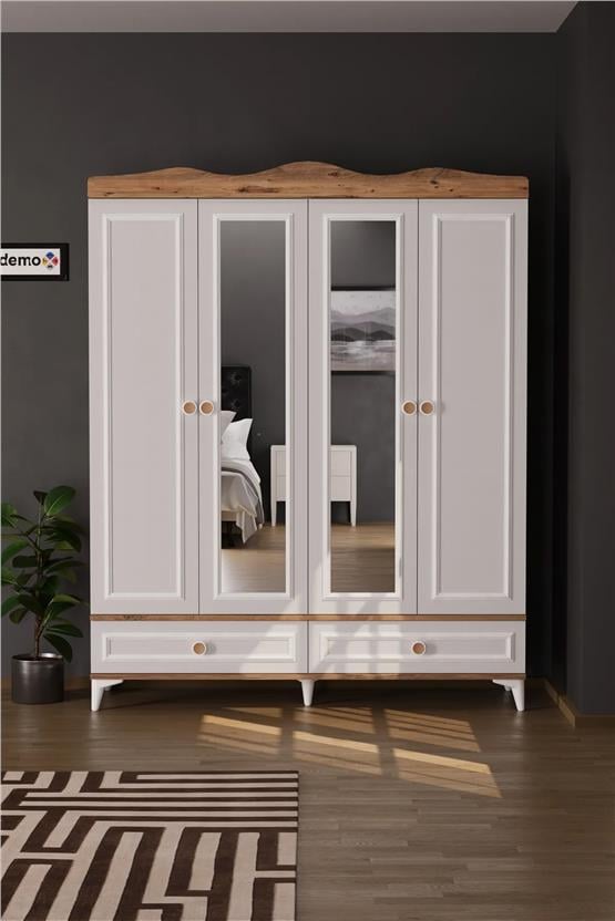Evdemo Nova 4 Kapaklı 2 Çekmeceli Aynalı Gardırop Atlantik Çam