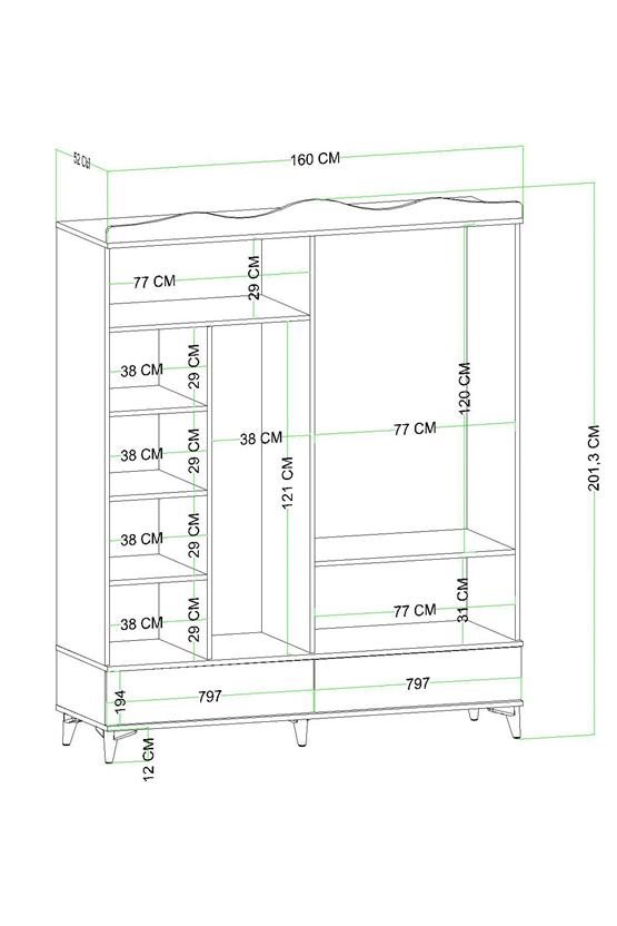 Evdemo Nova 4 Kapaklı 2 Çekmeceli Aynalı Gardırop Atlantik Çam