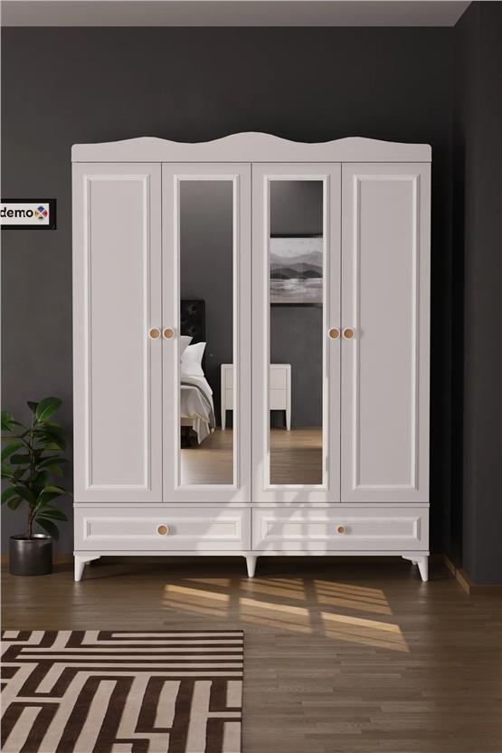 Evdemo Nova 4 Kapaklı 2 Çekmeceli Aynalı Gardırop Beyaz