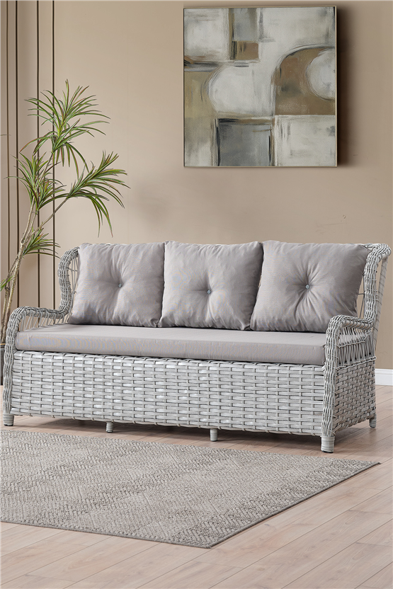 Evdemo Paris Rattan Puflu Bahçe Balkon Takımı 3+1+1 Cam Masalı Gri