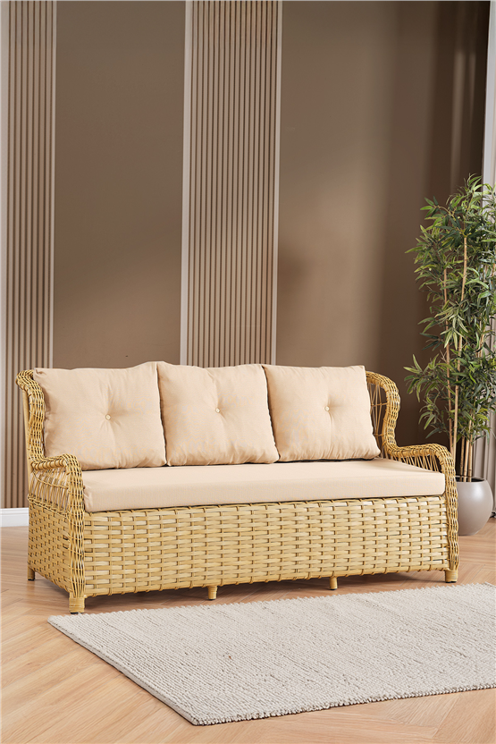 Evdemo Paris Rattan Puflu Bahçe Balkon Takımı 3+1+1 Cam Masalı Cappuccino