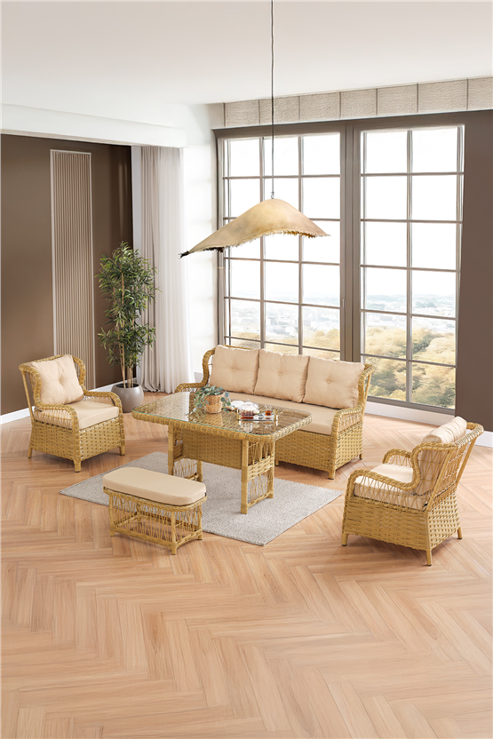 Evdemo Paris Rattan Puflu Bahçe Balkon Takımı 3+1+1 Cam Masalı Cappuccino