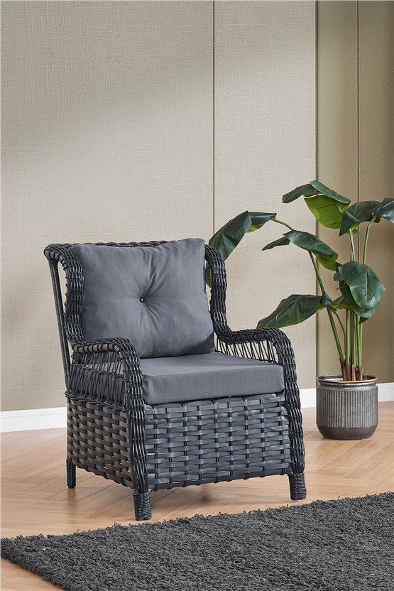 Evdemo Paris Rattan Puflu Bahçe Balkon Takımı 3+1+1 Cam Masalı Antrasit