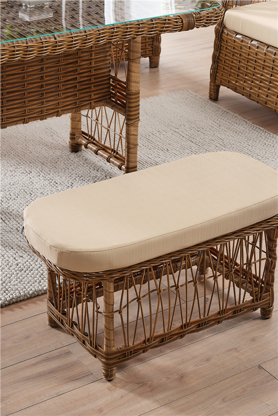 Evdemo Paris Rattan Puflu Bahçe Balkon Takımı 3+1+1 Cam Masalı Kahve