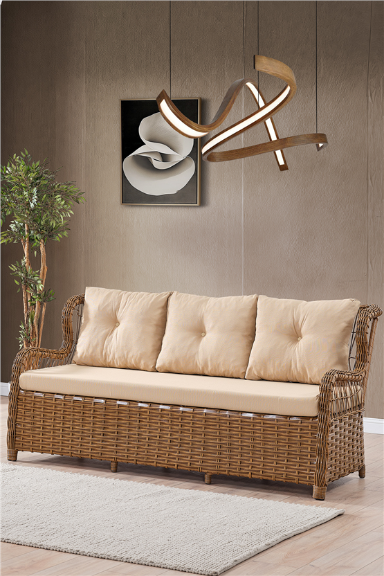 Evdemo Paris Rattan Puflu Bahçe Balkon Takımı 3+1+1 Cam Masalı Kahve