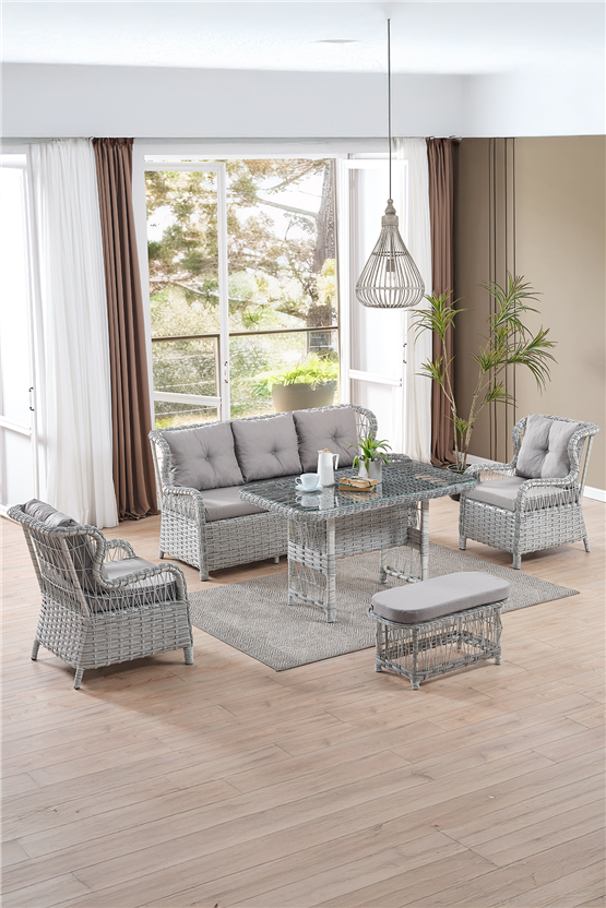 Evdemo Paris Rattan Puflu Bahçe Balkon Takımı 3+1+1 Cam Masalı Gri