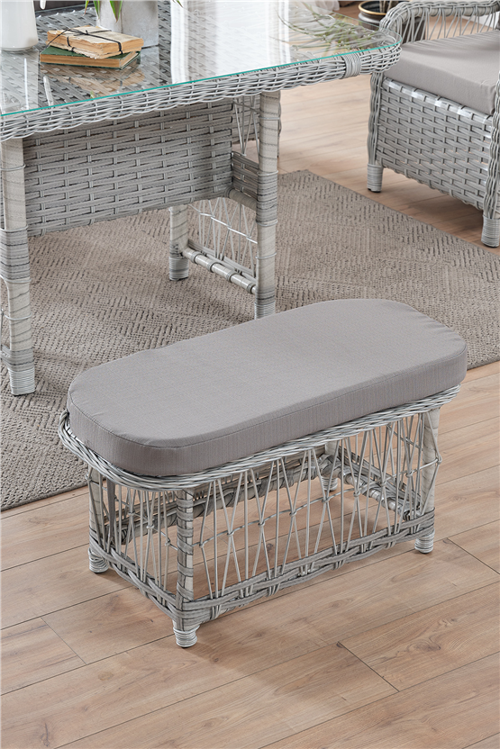 Evdemo Paris Rattan Puflu Bahçe Balkon Takımı 3+1+1 Cam Masalı Gri