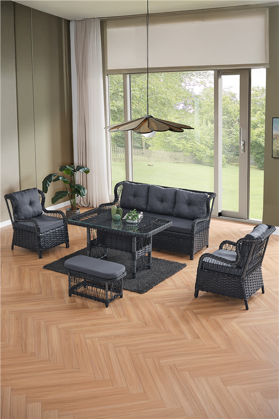 Evdemo Paris Rattan Puflu Bahçe Balkon Takımı 3+1+1 Cam Masalı Antrasit