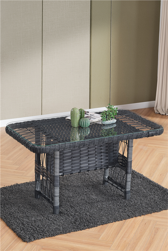 Evdemo Paris Rattan Puflu Bahçe Balkon Takımı 3+1+1 Cam Masalı Antrasit