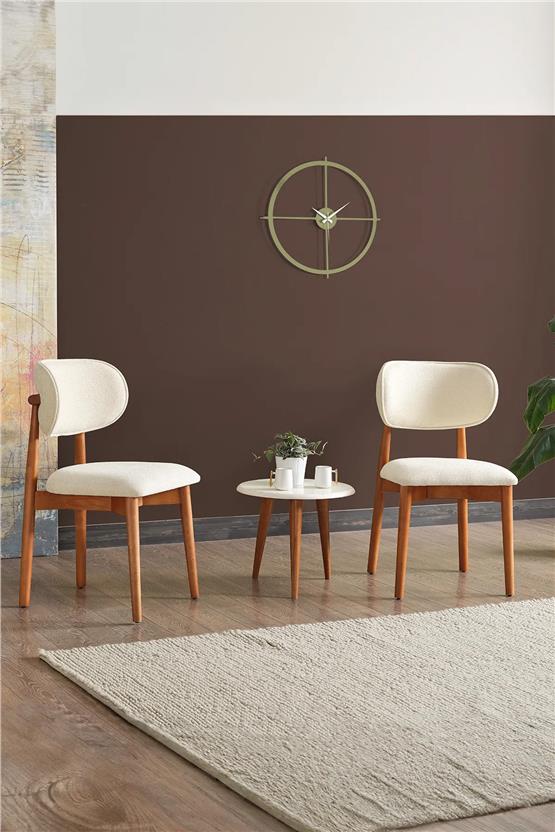 Evdemo Polo Bukle Kumaş 2li Ahşap Lüks Sandalye Krem