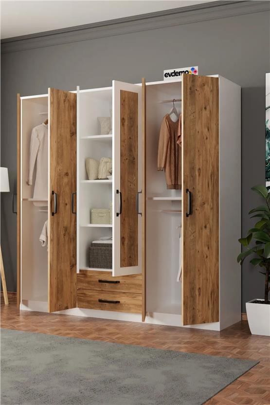 Evdemo Prag 6 Kapak 2 Çekmeceli Aynalı Gardırop Atlantik Çam Beyaz