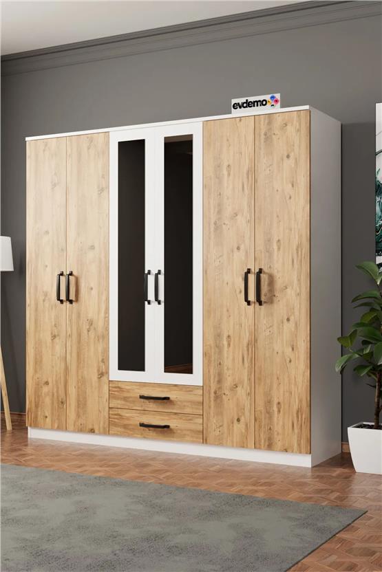 Evdemo Prag 6 Kapak 2 Çekmeceli Aynalı Gardırop Atlantik Çam Beyaz