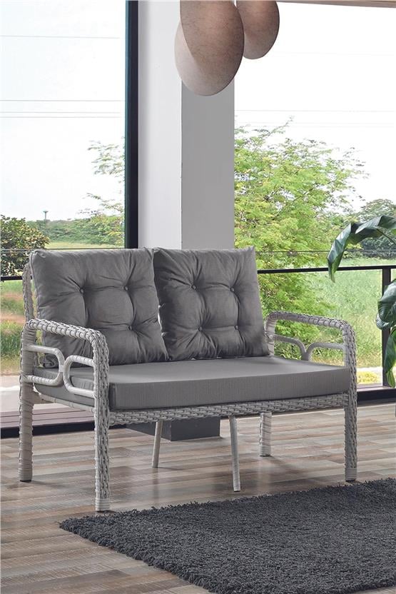 Evdemo Rio Rattan Bahçe Balkon Oturma Takımı 2+1+1+Camlı Masa Kemik Rengi